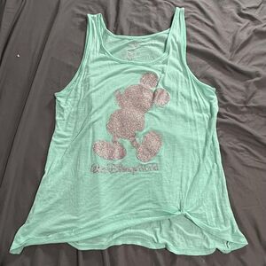 Disney Tank Top Womens L Green Scoop Neck Sleeveless Mickey Mouse Glitter Knot